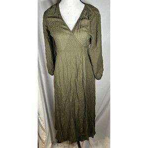 Lucky Brand Elyse Maxi Wrap Dress Olive Green Sz XS V-neck 3/4 Sleeve With Liner